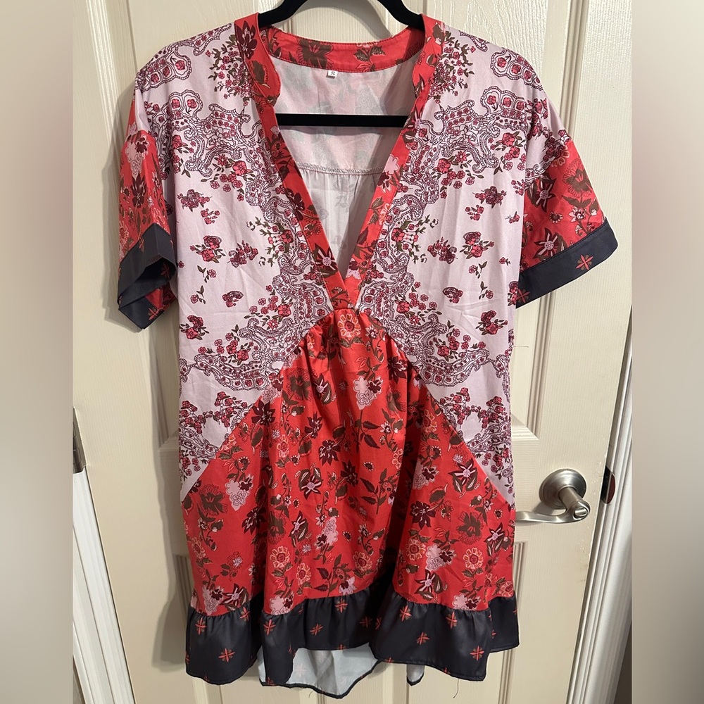 Women’s Bohemian Floral V-Neck High-Low Dress, Red, Pink & Black, Sz Small